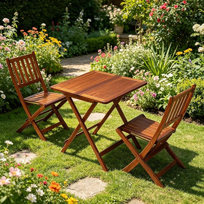 Solid Wood Folding Table, Square Patio Foldable Dining Table, Weather Resistant Outdoor Wooden Table for Deck, Balcony, Garden, Backyard, No Assembly Required