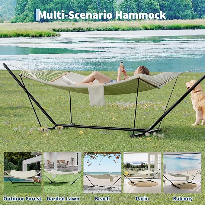 2 Person Double Hammock with Adjustable Steel Stand & Pillow, Heavy Duty Portable Outdoor Hammock Set, MAX 450 LBS Weight Capacity for Patio, Garden, Beach, Backyard