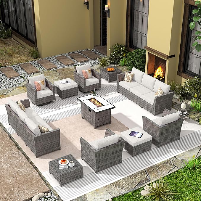 16 Pieces Patio Furniture Conversation Set with 42" Fire Pit Table Rocking Chair Outdoor Sectional Gray Wicker Sofa Set