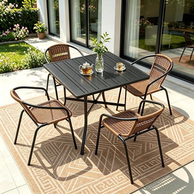 Outdoor Patio Furniture Set 5 Piece with 4 Brwon Stackable Rattan Chairs and Black Outdoor Metal Dining Table with Umbrella Hole