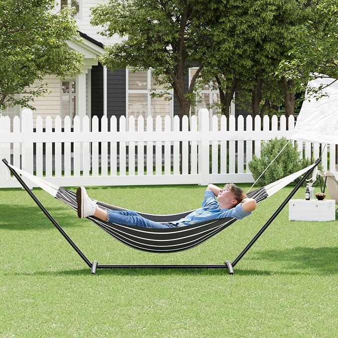 Heavy Duty Double Cotton Hammock with Stand, 450lbs Capacity Portable Hammock with Carry Bag, Vibrant Tropical Style for Indoor Outdoor Patio Backyard Camping