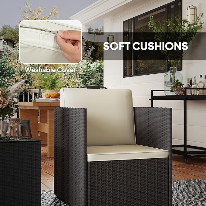 Outsunny 3 Piece Patio Furniture Set, Folding Outdoor Wicker Bistro Set with Washable Cushions, Adjustable Feet, and Glass Coffee Table, Easy Assembly for Garden, Balcony, Poolside, Backyard, Brown