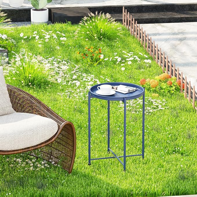 Garden 4 you Small Side Table, Blue Mini Round End Table, Tray Table with Metal Frame, Modern Nightstand for Living Room, Bedroom, Patio, Small Space, 2pcs
