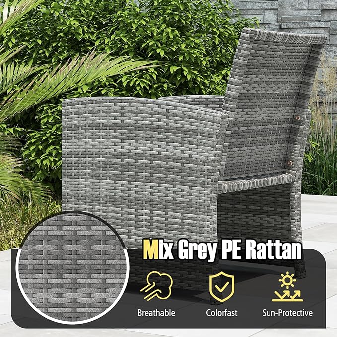 Tangkula 3 Pieces Patio Furniture Set, PE Rattan Outdoor Chairs with Tempered Glass Coffee Table & Soft Seat Cushions, Patio Bistro Set, Outdoor Conversation Set for Porch, Backyard Poolside (White)
