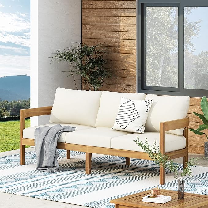 Merax 76.5" Outdoor Acacia Wood Frame 3 Seater Sofa with Cushions for Patio,Garden