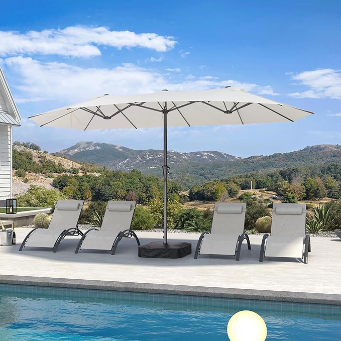 PURPLE LEAF 14ft Patio Umbrella Outdoor Double-Sided Umbrella with Base and Crank Rectangle Market Table Umbrella for Pool Deck Garden, Cream