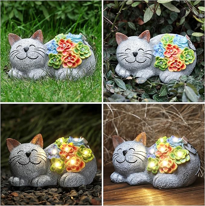 Otdair Solar Cat Decor, Birthday Gifts for Women with Succulent and 7 LED Lights, Christmas Gifts for Mom, Seniors, House Warming New Home Garden Decor for Cat Lover