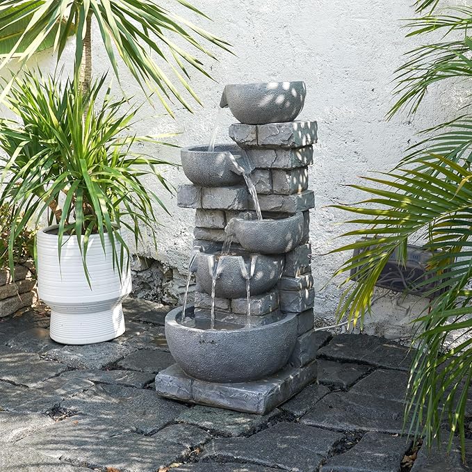 33.07'' H Cascading Bowl Water Fountain 5-Tier Stacked Stone Style Freestanding Water Feature with LED Lights for Outdoor Patio, Balcony, Lawn and Indoor Home Décor