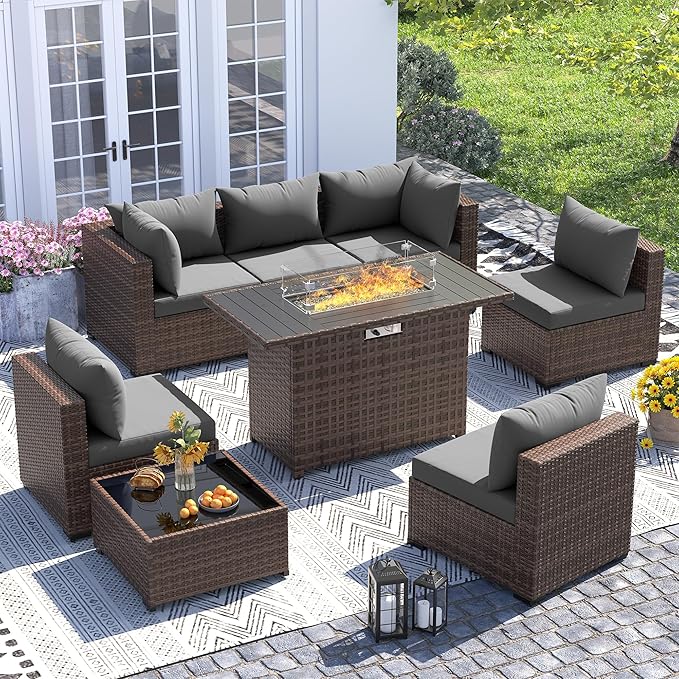 UDPATIO Furniture Set with Fire Pit Table, 8 Piece Sectional Sofas, All-Weather Wicker Conversation for Garden, Backyard, Dark Grey