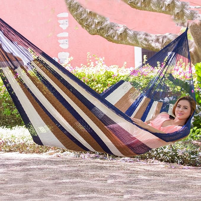 NOVICA Earthtone Brown Striped Nylon Hand Woven Mayan Rope 2 Person XL Hammock, 'Atlantis' (Double)