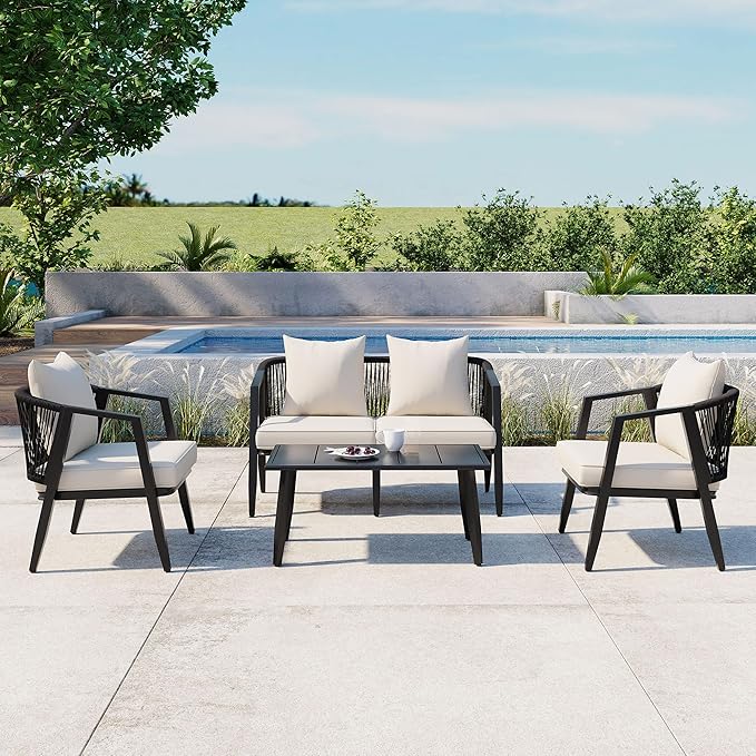 Montary 4-Piece Outdoor Patio Furniture Set, U-Shaped Iron-Frame Conversation Set with Weather-Resistant Cushions & Metal Coffee Table - Durable for Garden, Backyard, Balcony, Poolside (Black)