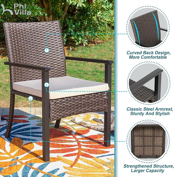 PHI VILLA 7 Pieces Patio Round Dining Set for 6, Large Metal Outdoor Dining Table with Umbrella Hole & Cushioned Wicker Rattan Chairs, Dining Furniture Set for Deck, Yard, Porch