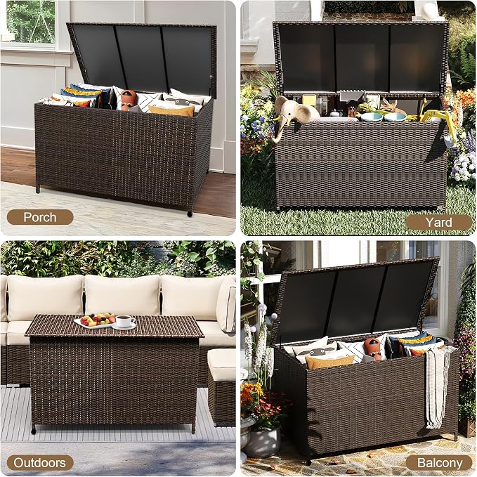 185 Gallon Outdoor Storage Box with Wheels - Large Wicker Rattan Deck Box for Patio Cushions, Garden Tools, Pool Floats & Pillows, All-Weather Patio Furniture Storage, Brown
