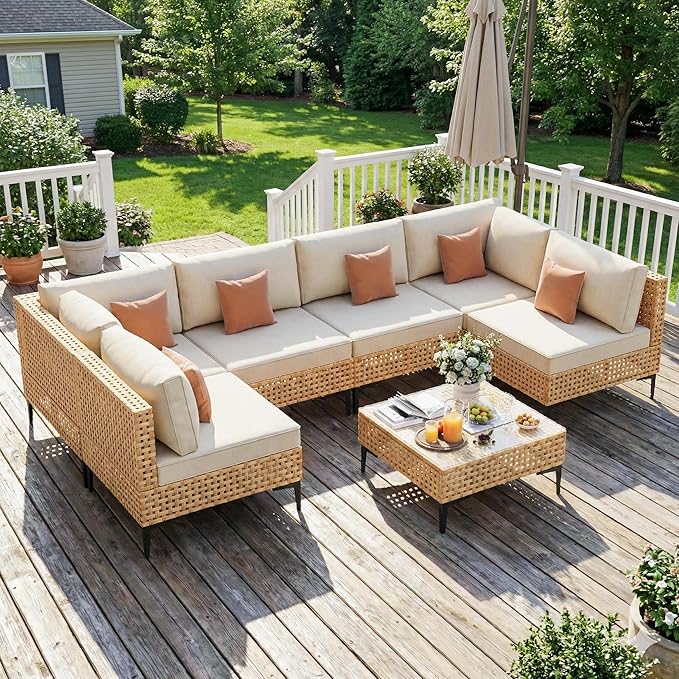 Patio Furniture Set 7 Piece Large Outdoor Sectional Free Combination Outdoor Furniture with Thick Cushion All Weather Wicker Boho Patio Conversation Sets for Porch, Deck