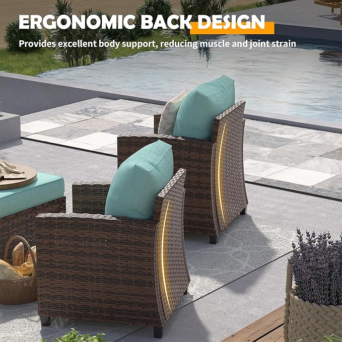 UDPATIO Patio Furniture Set with 44" Fire Pit Table, 6 Pieces Outdoor Sectional Conversation Sets, All-Weather Wicker Rattan Sofa Ottoman with 4" Thick Cushion for Garden Backyard Deck, Light Blue