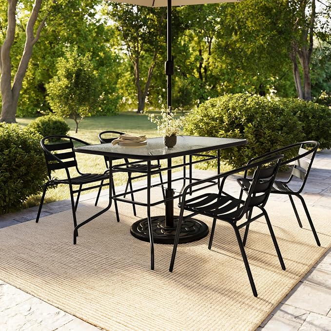 BizChair 5 Piece Outdoor Patio Dining Set - 4 Black Metal Aluminum Slat Stack Chairs - 55" Tempered Glass Patio Table with Umbrella Hole
