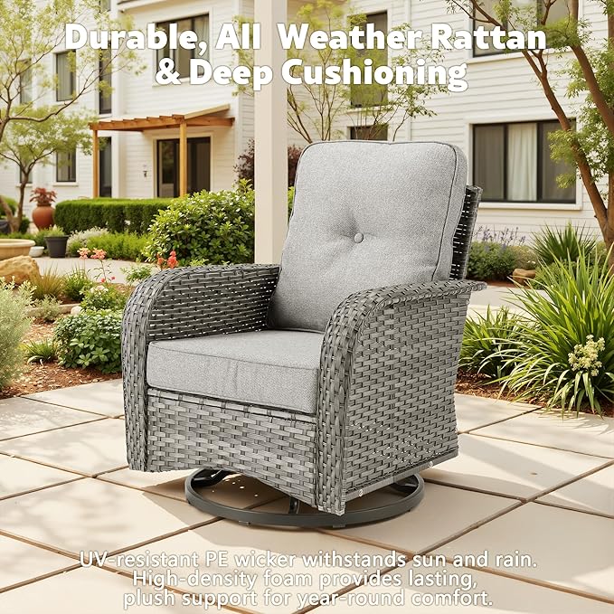 Patio Furniture, All Weather Wicker 6 PCS Outdoor Sofa with High Back Swivel Rocker Chairs, Conversation Set with Solar Light Coffee Table,Light Rattan Dark Gray Cushion