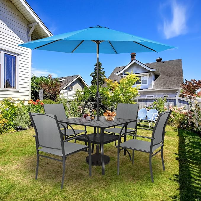 SUNCROWN 6 - Piece Outdoor Dining Set, Patio Furniture Set with 4 Textilene Dinning Chairs, 1 Steel Slat Metal Bistro Table and 1 Sky Blue 9Ft Patio Umbrella for Lawn Garden Backyard Deck, Grey