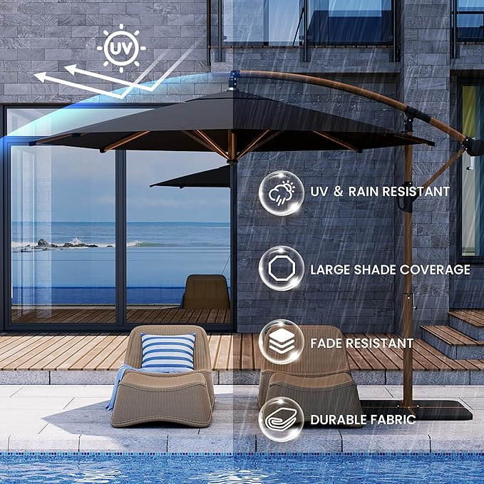 COSIEST Offset Patio Umbrella, Cantilever Hanging Outdoor Umbrella w/360-degree Rotation, Handy Crank, UV/Waterproof Canopy, 6 Ribs for Market, Backyard, Poolside, Garden