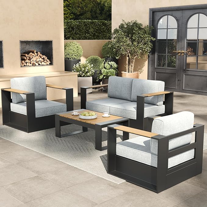 Aluminum Patio Furniture Set, 4 Seats Luxury Seating Furniture with Coffee Table, All Weather Outdoor Conversation Sets with 6" Thickened Cushions
