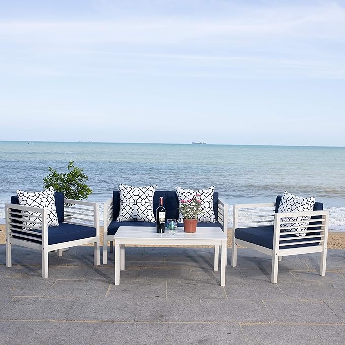 SAFAVIEH Outdoor Collection Alda White/ Navy Cushions/ Geometric Pattern Pillows 4-Piece Conversation Patio Set