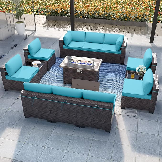 Patio Furniture Set with Fire Pit Table 13-Pieces Outdoor Sectional Furniture Outdoor Rattan Patio Conversation Sets with 43in Propane Gas Fire Pit Table and Glass Table, Blue