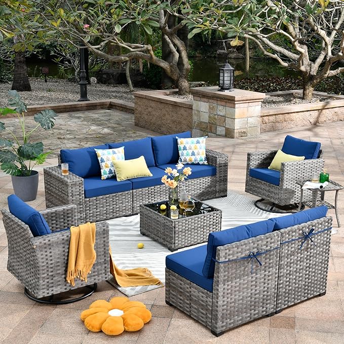 HOOOWOOO Outdoor Patio Sectional Furniture Sofa Set with Swivel Rocking Chairs,9 Piece Modern Wicker Couch with Widened Armrest,Modular Conversation Seating Set for Garden(Navy Blue)