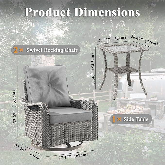 3 Piece Wicker Patio Furniture Set, Swivel Rocking Chairs with 4''Cushions, PE Rattan, Rust Resistant Frame, Double Layer Glass Side Table, for Backyard, Deck or Balcony, Grey