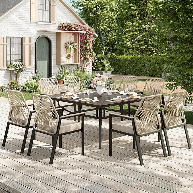 MIXPATIO 9 Pieces Outdoor Dining Set for 8, Patio Dining Set Wicker Rattan Chairs with Soft Cushion and Square Table with Umbrella Hole, Wicker Patio Table and Chairs for Backyard Porch