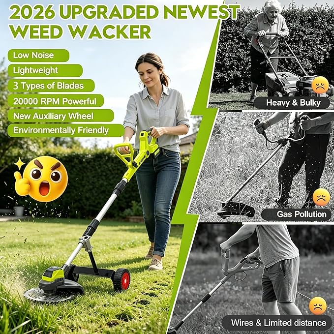 3-in-1 Cordless Weed Wacker with Wheels, 12-Inch Weed Eater Battery Powered Brush Cutter, 2x4.0Ah Batteries, LCD Display, Grass Trimmer Stringless Weed Trimmer Lawn Mower Edger