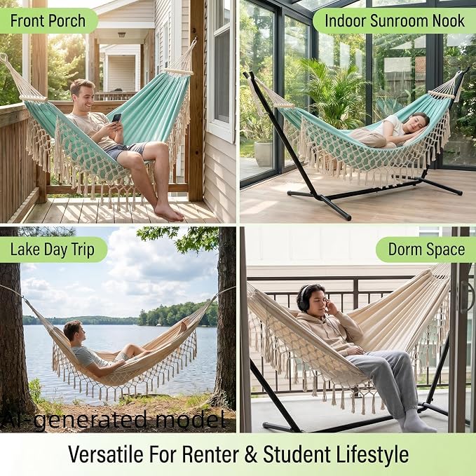 Bohemian Canvas Hammock with Tassels, Mint Green, 79"x39" | Soft Breathable Cotton Canvas Hammock,79x39in,2 Hanging Straps Wooden Bar;3 colors,compact for students renters dorm balcony
