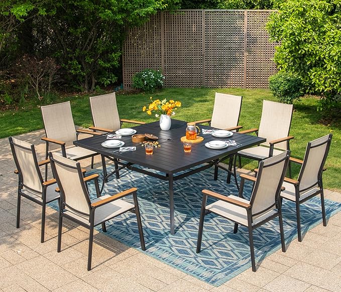 Sophia & William Patio Dining Set for 8, Lightweight Aluminum Outdoor Dining Chairs and Large Square Metal Table, Stackable Chairs and Easy to Move for Lawn Garden Yard (Beige)
