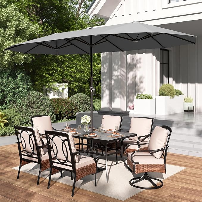 PHI VILLA 13ft Large Patio Umbrellas, Double-Sided Outdoor Market Rectangle Umbrella for Outside, Light Gray