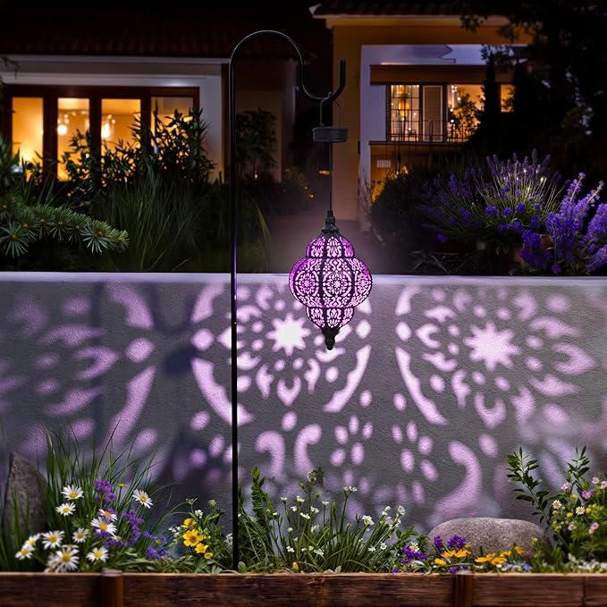 Hapjoy Hanging Solar Lights Outdoor Garden Decor Solar Lantern Waterproof Plastic Moroccan Outdoor Decorations for Patio Pathway Yard Backyard Garden Decorative (1, Purple)