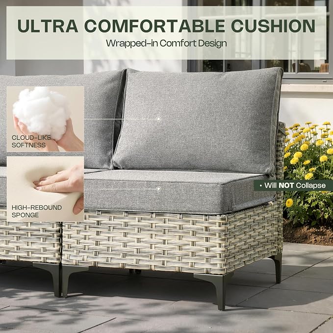 10 Pieces Patio Furniture Set, Outdoor Conversation Set with 360° Swivel Rocker Chairs, Wicker Sectional Sofa & Solar Coffee Table, High Back Outdoor Furniture L Shaped Couch for Porch Deck, Dark Gray