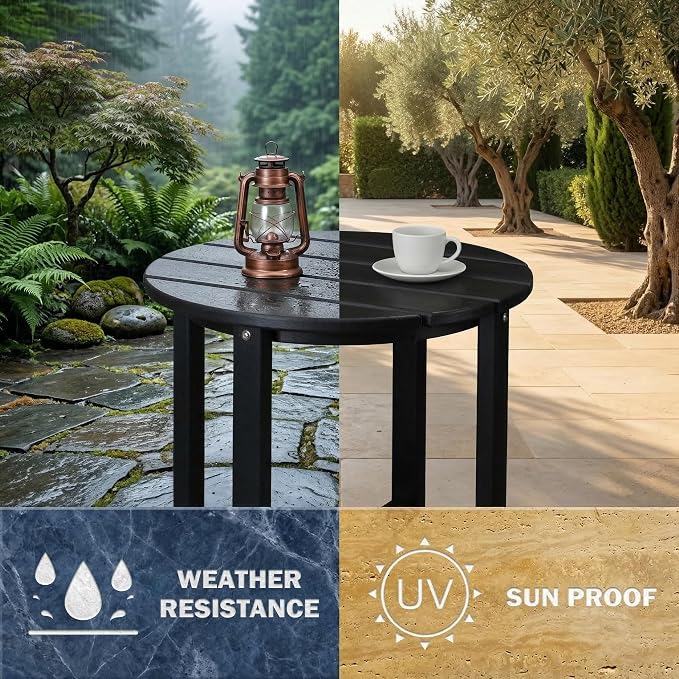 Outdoor Side Table, 18" HDPE Round Patio End Table, Weather Resistant Small Outside Table for Adirondack Chairs, Garden, Porch, Poolside, Deck and Living Room, Wood-Like Texture, Black (Style A)