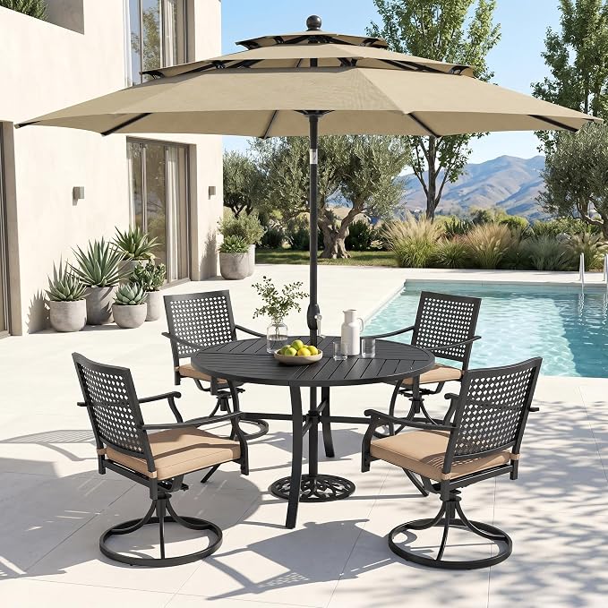 PHI VILLA Outdoor Round Table Set w/Umbrella, Patio Metal Furniture for 4 | 42" wrought iron table & swivel chairs. 10ft beige umbrella. 5pc dining set for deck, porch, backyard.