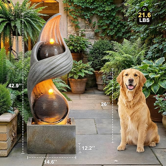 42.9" H Large Indoor Water Fountains - Elegant Modern Water Feature with Sphere - Waterfall Fountain for Indoor or Outdoor with LED Lights and Pump for Deck, Patio, Porch, Garden, Yard Decor