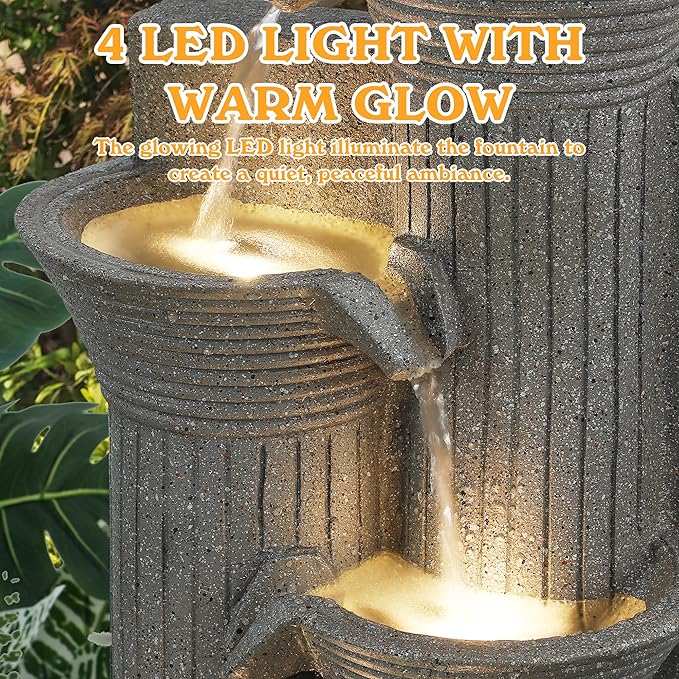 Outdoor/Indoor Water Fountain with LED Lights and Pump, 5-Tiers Cascading Bamboo Joint Design Bowls Garden Fountains Waterfall, Freestanding Resin Fountain for Patio, Garden, Porch (Light Gray)
