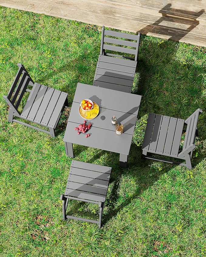 GREENVINES 5-Piece-Outdoor-Dining-Set | HDPE | Square | Patio Furniture | Table and Chairs Sets for 4 | All Weather | Armless Chair | Umbrella Hole | for Backyard Poolside Garden | Grey