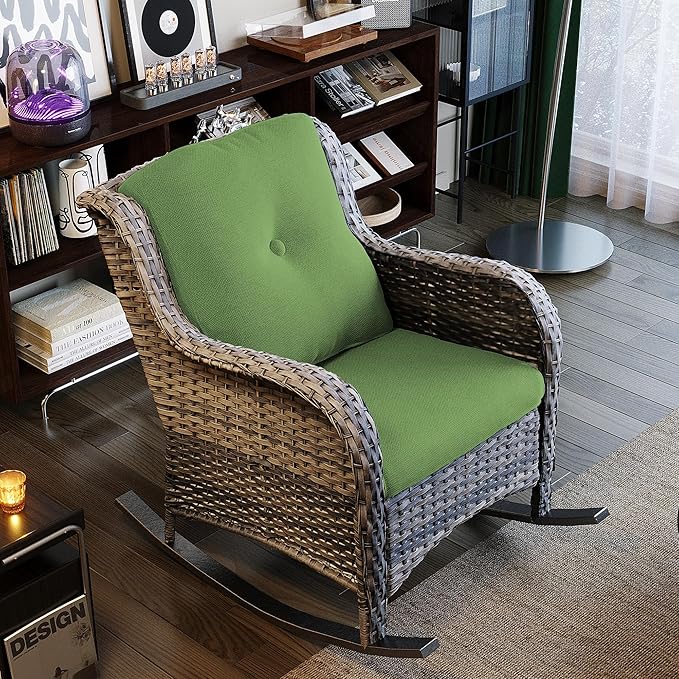 Outdoor Wicker Patio Rocking Chair - All-Weather Lawn Rocking Wicker Furniture with Alloy Steel Frame & Premium Fabric Cushion, Green