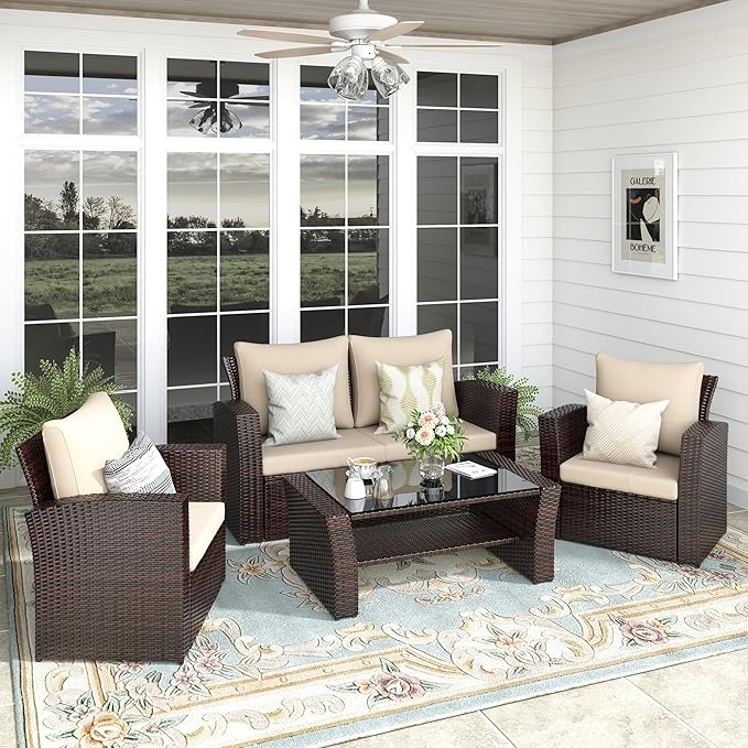 4-Piece Outdoor Patio Furniture Set, All Weather Wicker Rattan Sectional Sofa Conversation Seating Set with Cushions & Large Glass Coffee Table, Ideal for Garden Backyard Porch, Beige