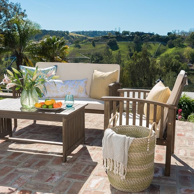 Merax Patio Furniture Set 4 Pieces Outdoor Acacia Wood Conversation Sets with Coffee Table & Cushions, Garden Conversation Bistro Sets for Pool or Backyard, Outdoor Furniture,Gray Cream