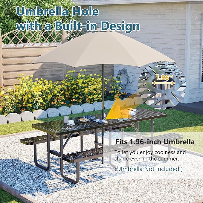 96" Heavy Duty Metal Picnic Table for 10 People, Outdoor Dining with Umbrella Hole, Galvanized Steel Rustproof Frame 882LBS Capacity, Mesh Top for Garden Patio Camping, Black
