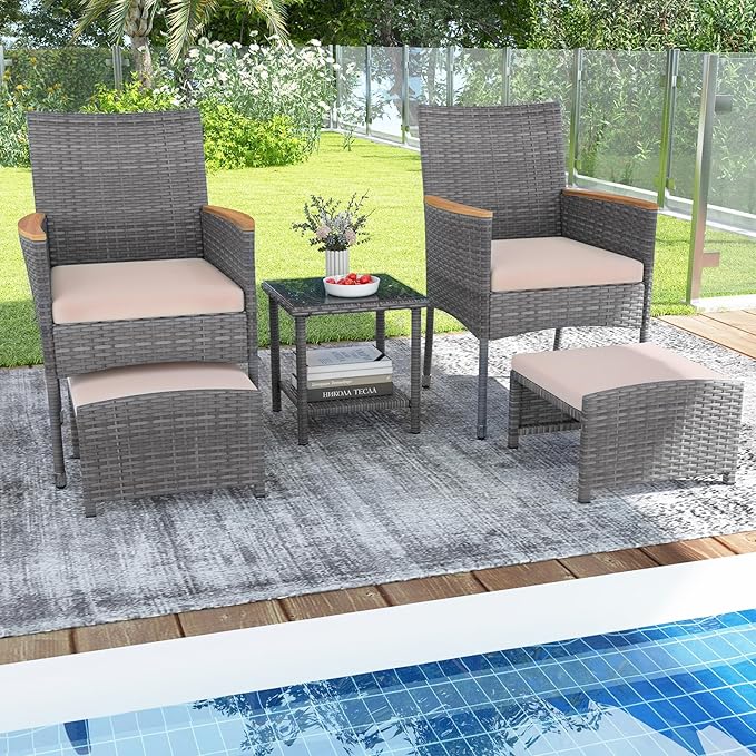 HAPPYGRILL 5 Pieces Wicker Patio Conversation Set, PE Rattan Porch Chairs with Ottomans, 2-Tier Coffee Table, Cushions, Outdoor Furniture Set for Garden, Poolside, Balcony