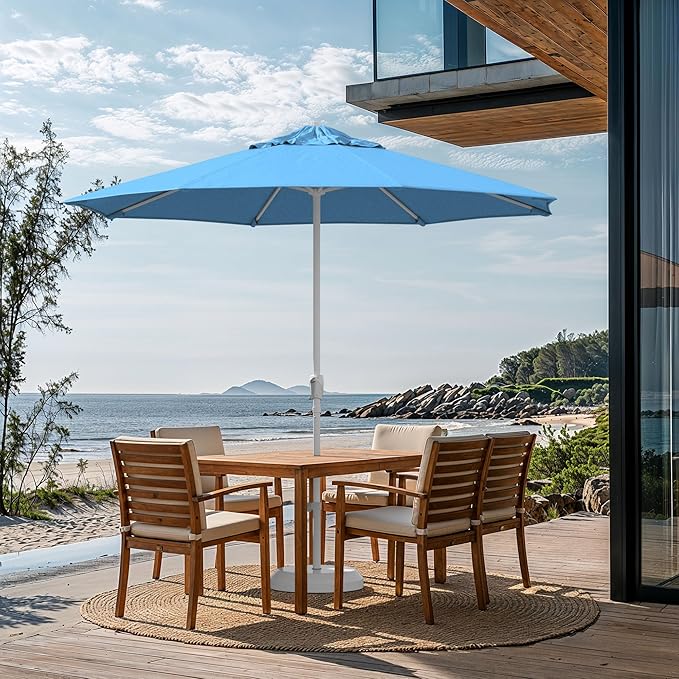 California Umbrella 12-Year Protection 9-Ft Outdoor Patio Umbrella, Sunbrella Fade-Resistant Fabric, Auto-Tilt, Heavy Duty Aluminum Frame, 8 Reinforced Ribs for Pool or Deck, White Pole, Canvas Cyan
