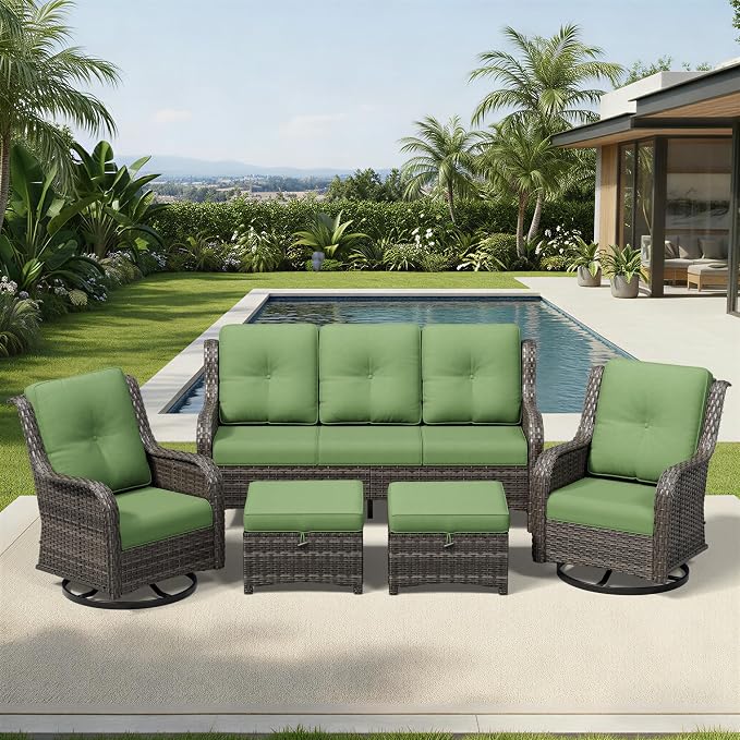 Joyside 5 Piece Wicker Patio Furniture Set, Outdoor Swivel Rocker Patio Chairs with High Back, Deep Seating, Wide Armrest, Thickened Cushions, Outdoor Furniture for Deck, Porch Use