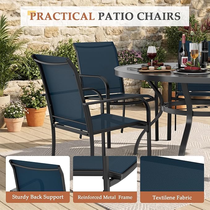 Incbruce 7 PCS Patio Dining Set, Outdoor Dining Set of 6 Textilene Chairs and 53" Round Table with Umbrella Hole for Backyard, Garden, and Poolside (Blue)