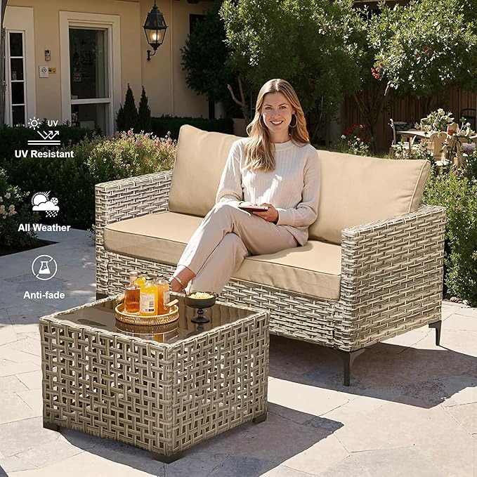Outdoor Patio Furniture Sets,9 PCS Patio Conversation Set Outside Rattan Sectional Sofa with 42 in Fire Pit Table Wicker Rocking Chair Coffee Table Fit Backyard Porch Garden Poolside Balcony