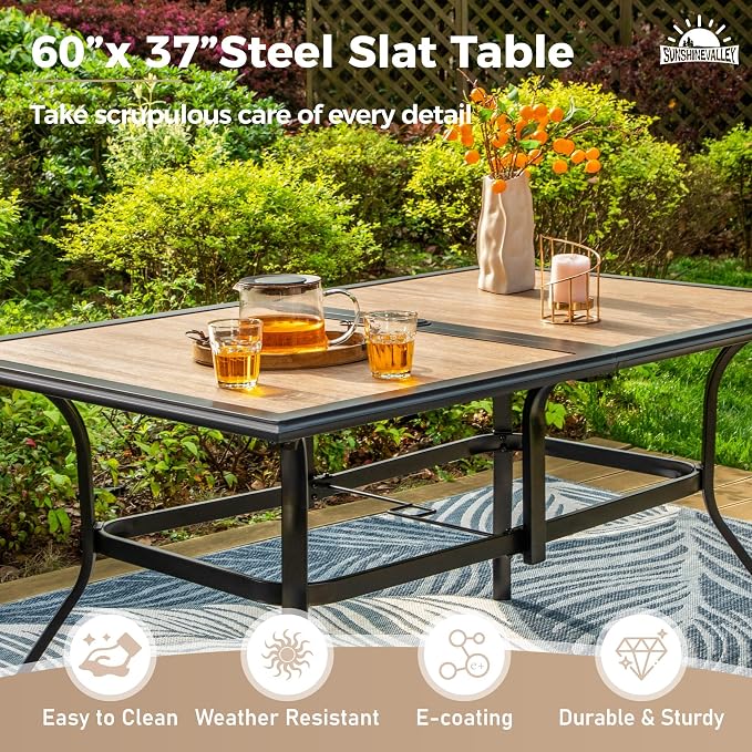 SUNSHINE VALLEY 7 Pcs Patio Dining Set for 6, Rectangular Metal Dining Table (PVC Table Top) with Umbrella Hole and 6 Chairs, Outdoor Dining Set for Lawn Garden Deck, Brown